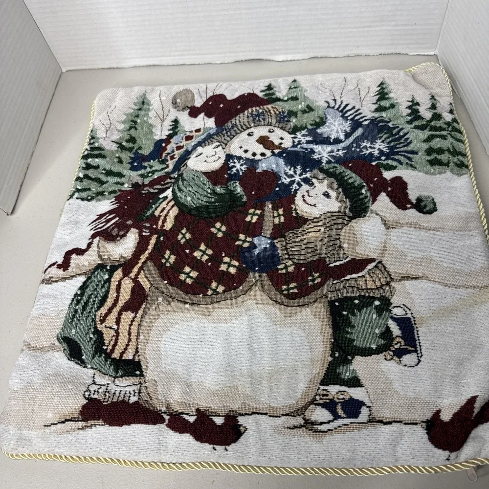 Beautiful Snowman With Cardinal & Kids Winter Throw Pillow COVER Tapestry